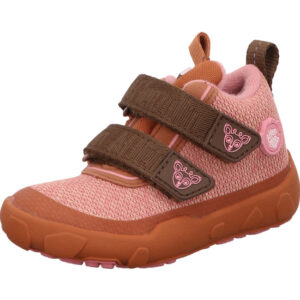 Affenzahn Kinderschuhe hoch Mädchen rosa braun kombi mit dunkelbraunem Klett und brauner Sohle