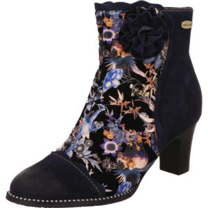 Laura Vita Damen Stiefelette dunkelblau mit Blumenmuster und Dekoblume mit schwarzem Absatz