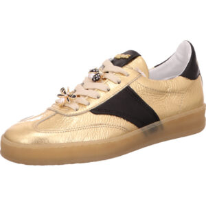 Mjus Damenhalbschuh gold mit schwarzem Streifen mit brauner Sohle und gold schwarzen Dekosteckern