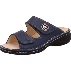 Finn Comfort Damen Pantolette dunkelblau mit Klett und schwarzer Sohle