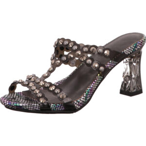 Laura Vita Damen Pantolette schwarz mit Nieten und animal Print und Absatz aus Glasoptik