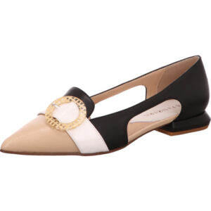Café Noir Damen Pumps schwarz mit beige und weiß und beiger Schnalle mit braunem Absatz