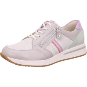 Waldläufer Halbschuh Damen geschnürt mit Reißverschluss an der Seite weiß grau pink mit weiß brauner Sohle