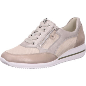 Waldläufer Damen Halbschuh silber beige kombi mit beiger Schnürung und Reißverschluss an der Seite mit weißer Sohle