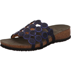 Think Damen Pantolette schwarze blaue Punkte mit braun und brauner Sohle