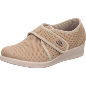 Fly Flot Damen Hausschuh geschlossen beige mit Klett und weißer Sohle