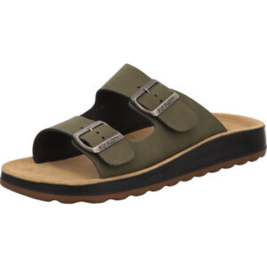 Fly Flot Herren Pantolette olive mit silber Schnallen und braunem Fußbett mit schwarzer Sohle