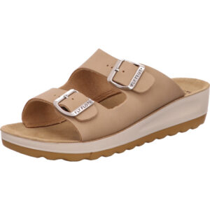 Fly Flot Damen Pantolette beige mit silber Schnallen und braunem Fußbett mit weiß brauner Sohle