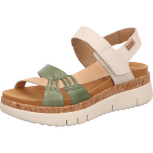 Pikolinos Damen Sandalette weiß beige grün mit braunem Fußbett und weißer Sohle