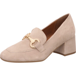 Tamaris Damen Pumps beige mit goldener Schnalle und braunem Absatz