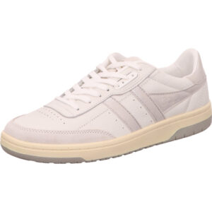 Gola Sneaker Damen weiß mit grauen Streifen und weißer Schnürung mit cremfarbener Sohle