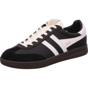 Gola Sneaker Damen schwarz mit weißen Streifen und goldenem Logo mit weißer Schnürung und brauner Sohle