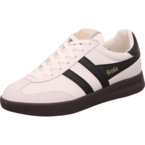 Gola Sneaker Damen weiß mit schwarzen Streifen und goldenem Logo mit weißer Schnürung und brauner Sohle