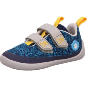 Affenzahn Kinder Halbschuh Jungs blau gelb kombi mit grauem Klett und grauer Sohle