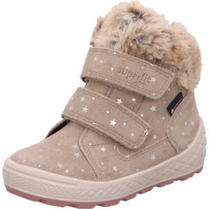Superfit Kinderschuh hoch Mädchen beige mit silber Sternchen und Fell mit Klett und weißer Sohle