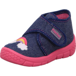 Fischer Kinder Hausschuh blau jeans mit Regenbogen und Klett mit pinker Sohle