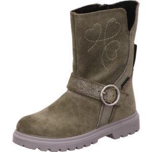 Superfit Kinderstiefelette Mädchen olive mit Glitzer und Schnalle und grauer Sohle