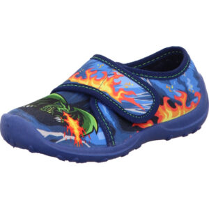 Fischer Kinder Hausschuh Jungs blau mit Flammen und Drache mit Klett und blauer Sohle