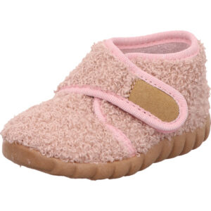 Fischer Kinderhausschuh Mädchen rosa Teddyfell mit Klett und brauner Sohle