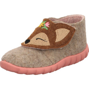 Fischer Kinder Hausschuh Mädchen beige mit Rehkopf und Klett mit rosa Sohle