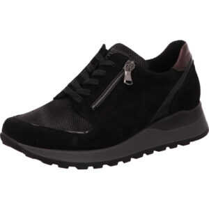 Waldläufer Damen Halbschuh schwarz kombi mit schwarzer Schnürung mit mini Reißverschluss und schwarzer Sohle
