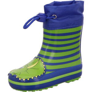 Beck Gummistiefel blau grün gestreift mit Dinokopf und blauem Bund