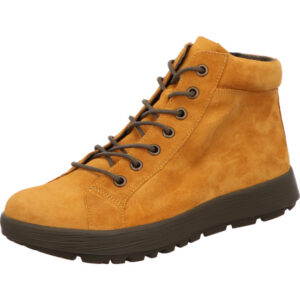 Think Damen Stiefelette Schnürer gelb mit brauner Schnürung und brauner Sohle
