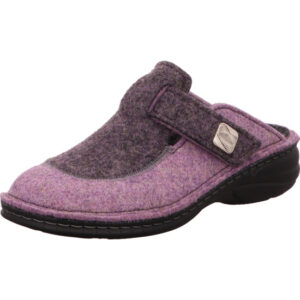 FinnComfort Hausschuh Damen Filz grau lila mit schwarzer Sohle und Klett