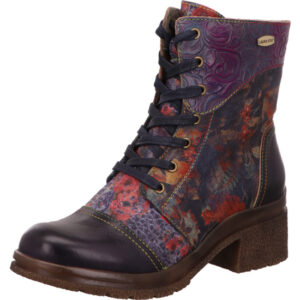 Laura Vita Damen Stiefelette lila blau rot Blumenmuster mit dunkleblauer Schnürung und Kappe mit brauner Sohle