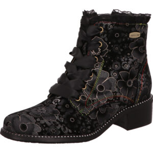 Laura Vita Damen Stiefelette schwarz mit schwarzer Schnürung und Blumenmuster mit schwarzer Sohle