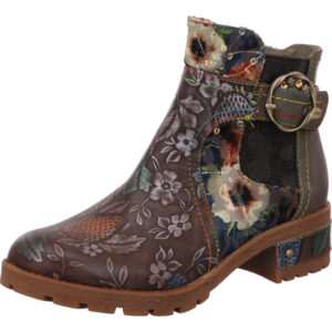 Laura Vita Damen Stiefelette braun mit Blumen und Schnalle mit brauner Sohle