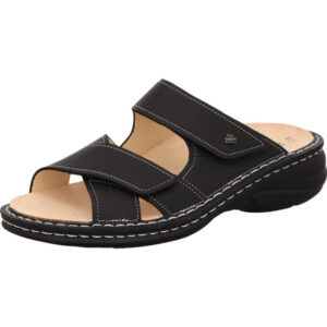 FinnComfort Hausschuh Damen schwarz mit schwarzer Sohle und hellem Fußbett und Klett