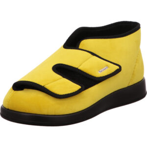 Varomed Damen Therapieschuh gelb mit schwarzem Rand und Klett mit schwarzer Sohle