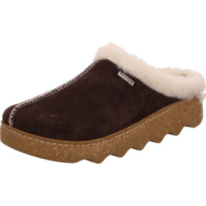 Rohde Damen Hausschuh dunkelbraun mit weißem Fell und brauner Sohle