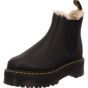 Dr Martens Damen Stiefelette schwarz mit Fell und schwarzer Sohle mit gelber Naht