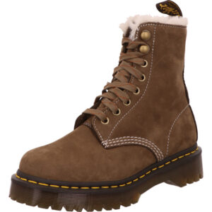 Dr Martens Damen Stiefelette Schnürer gefüttert braun mit brauner Sohle und gelber Naht
