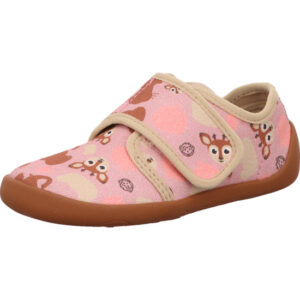 Affenzahn Kinder Hausschuh rosa mit Reh Motiv mit beigem Rand und brauner Sohle