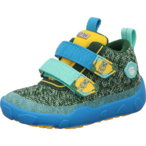 Affenzahn Kinderschuh hoch Jungs grün gelb kombi mit blau und türkisen Klett und blauer Sohle