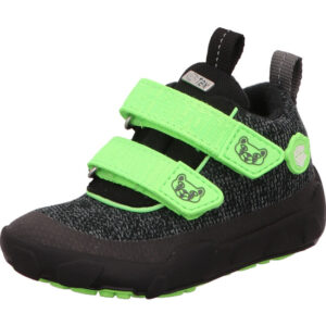 Affenzahn Kinderschuh hoch Jungs schwarz komib mit grünem Klett und schwarzer Sohle