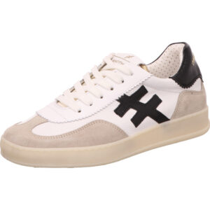 Another Trend Damen Halbschuh Schnürer weiß mit schwarzem Logo und beiger Sohle