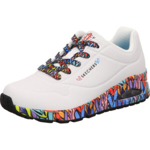 Skechers Uno ravanged love Damen Halbschuh mit offener Dämpfungweiß mit bunten Schnürsenkel und Sohle