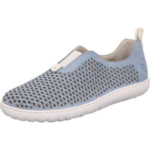 Rieker Damen halbschuh zum reinschlüpfen in hellblau mit löchern und heller Sohle
