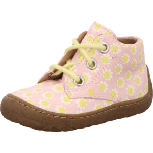 Superfit Kinderschuh Mädchen rosa mit Gänseblümchen und gelber Schnürung und brauner Sohle