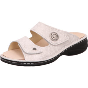 Finn Comfort Damen Pantolette weiß kombi mit Klett und schwarzer Sohle