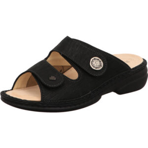 Finn Comfort Damen Pantolette schwarz mit Klett und hellem Fußbett mit schwarzer Sohle