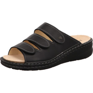 Finn Comfort Damen Pantolette schwarz mit Klett und schwarzer Sohle