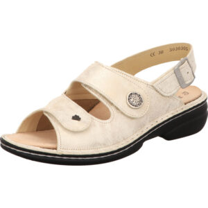 Finn Comfort Damen Pantolette creme mit Klett und Schnalle mit schwarzer Sohle