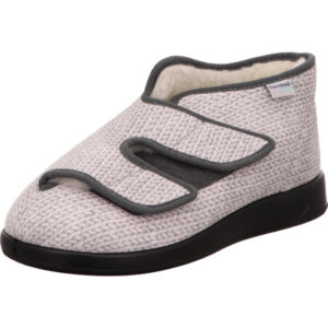 Varomed Damen Therapieschuh weiß Strick mit grauem Rand und Klett mit schwarzer Sohle