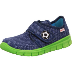 Superfit Kinder Hausschuhe Jungs blau mit Fußball und Klett mit grüner Sohle
