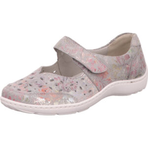 Waldläufer Halbschuh Damen mit Klettverschluss grau mit bunter Blumen Musterung und weißer Sohle